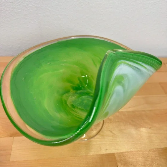 Murano Glass Pedestal Bowl Green Swirl Italian Art Glass Candy Dish